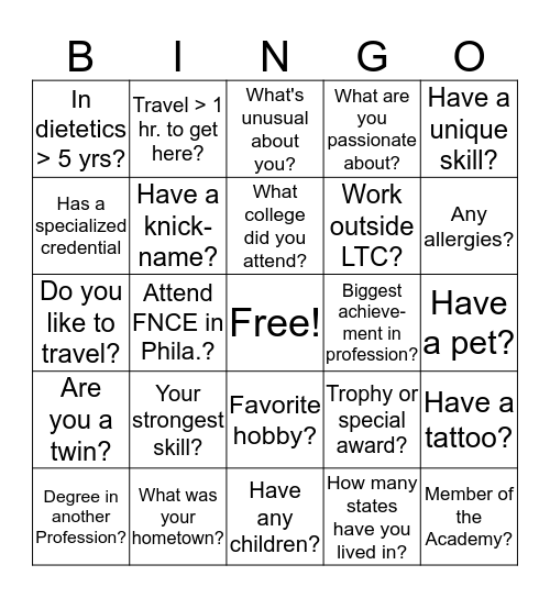 GETTING TO KNOW YOU BINGO Card
