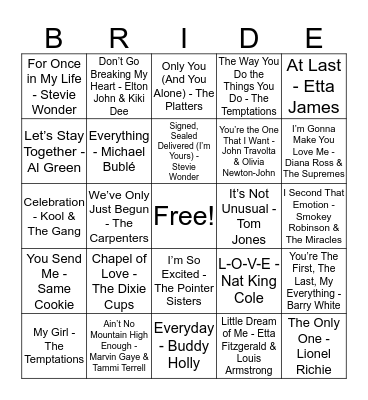 KristaMarie's Bridal Song Bingo Card