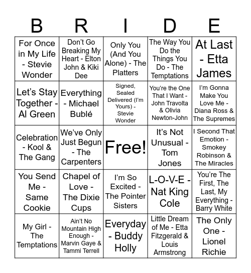 KristaMarie's Bridal Song Bingo Card