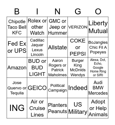 SuperBowl BINGO Card