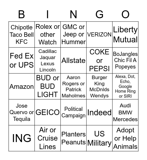 SuperBowl BINGO Card