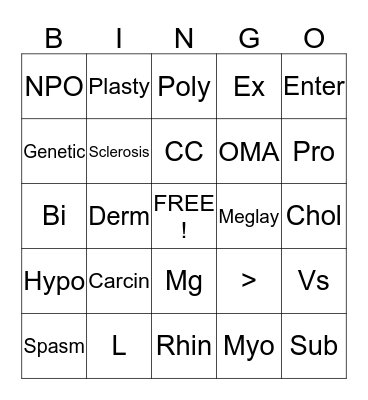Medical Terminology Bingo Card