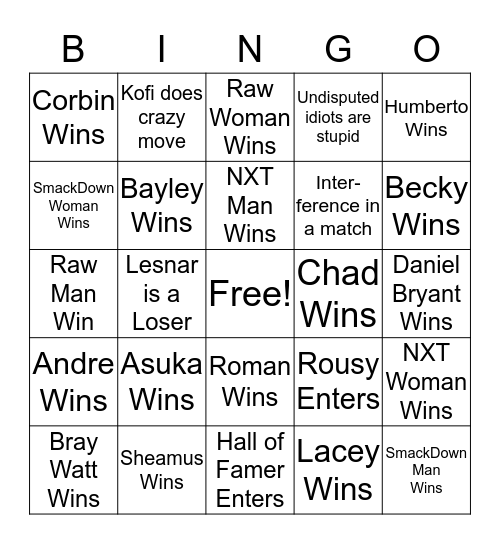 Royal Rumble Bingo Card