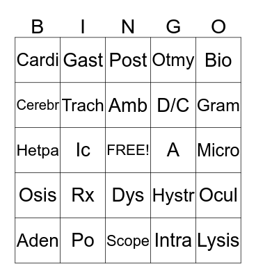 Medical Terminology Bingo Card
