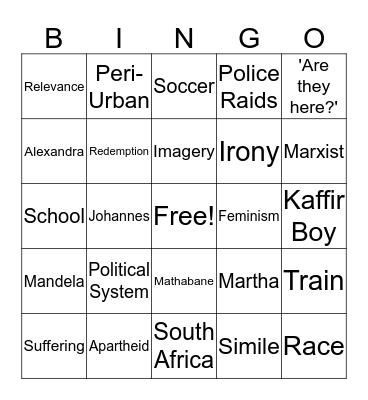 Kaffir Bingo Card