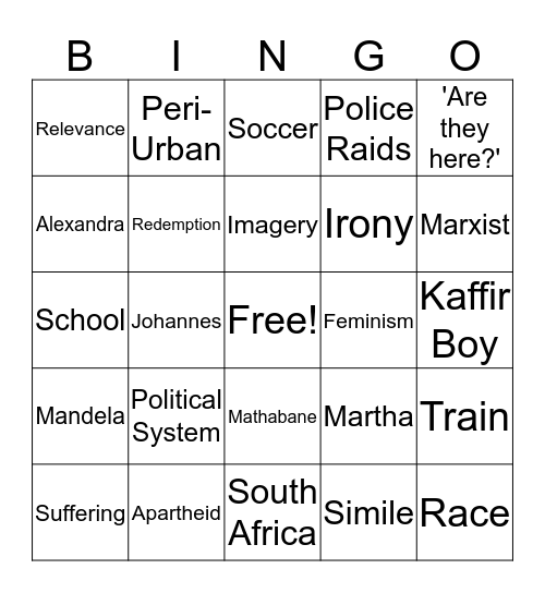 Kaffir Bingo Card