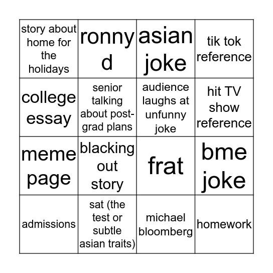 intersession comedy show Bingo Card