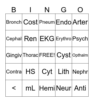 Medical Terminology Bingo Card
