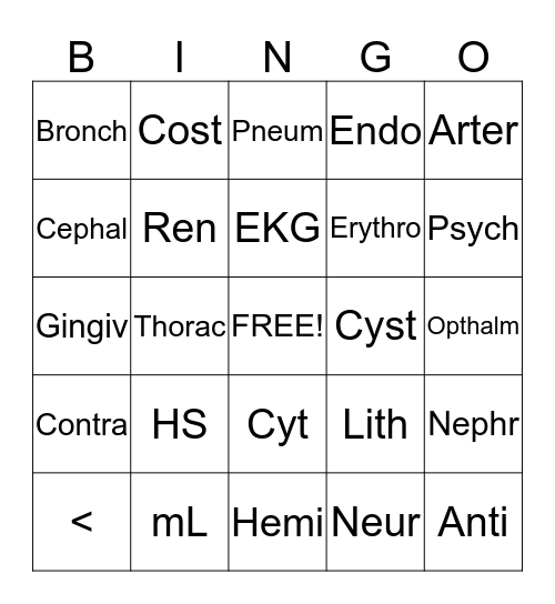 Medical Terminology Bingo Card