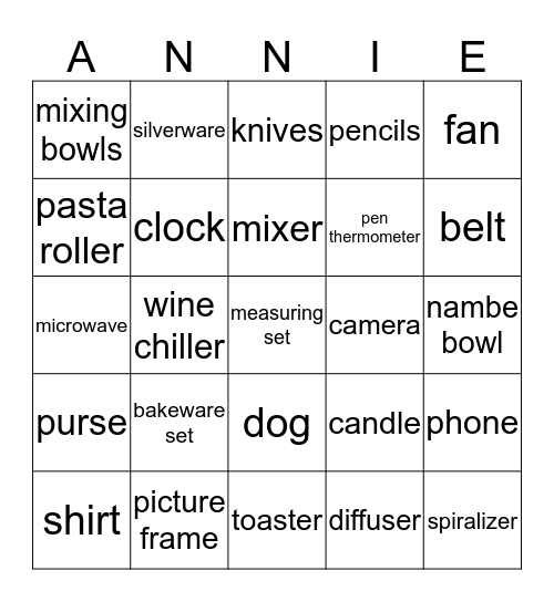 Annie's Shower Bingo Card