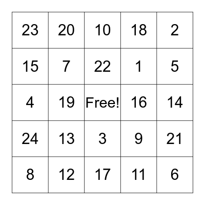 Number Bingo Card