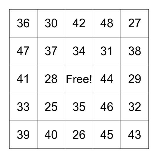 Number Bingo Card