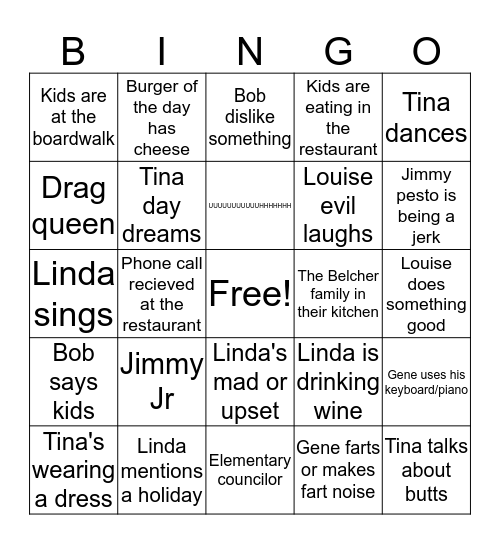 Bob's Burgers Bingo Card