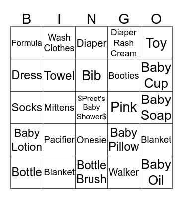 Preet's Baby Shower Bingo Card