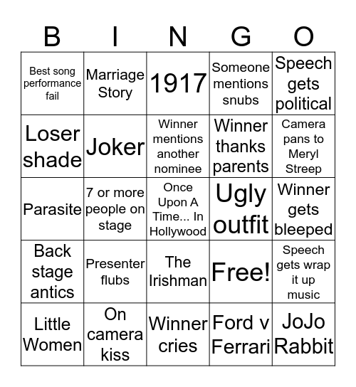 Oscar Night 2020 Bingo Card