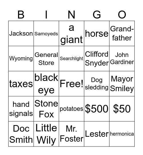 Stone Fox Bingo Card