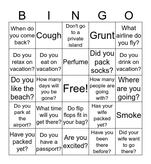 Vacation BINGO Card