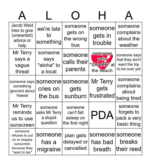 BAND TRIP 2020 HAWAII BINGO Card