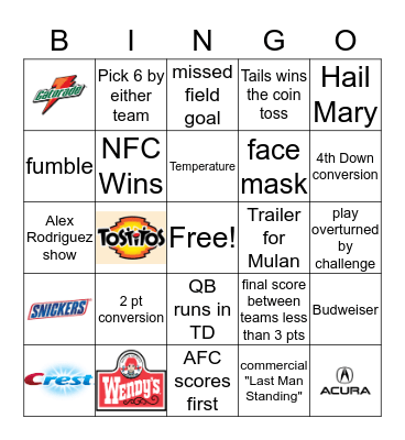 Super Bowl LIV Bingo Card