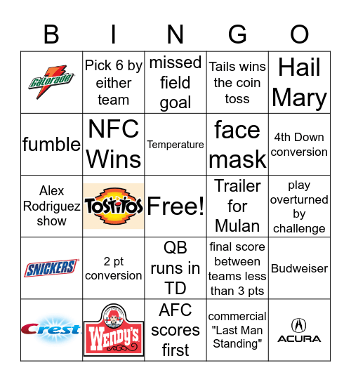 Super Bowl LIV Bingo Card