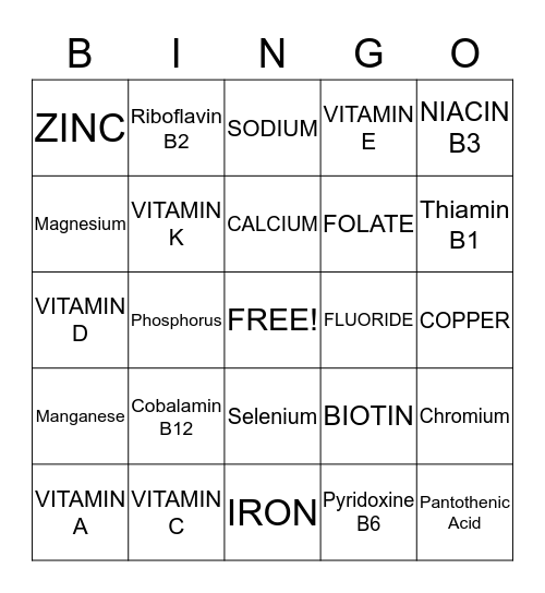 Vitamin/ Mineral Bingo Card