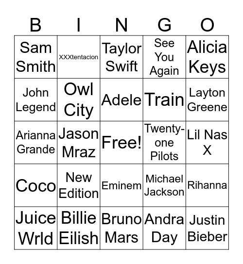 !Music Bingo! Bingo Card