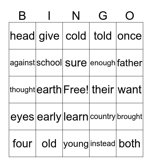 Irregular Word Bingo #2 Bingo Card