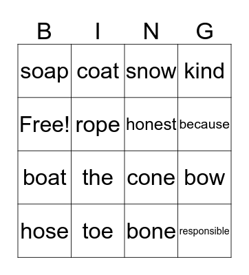Spelling Bingo Card