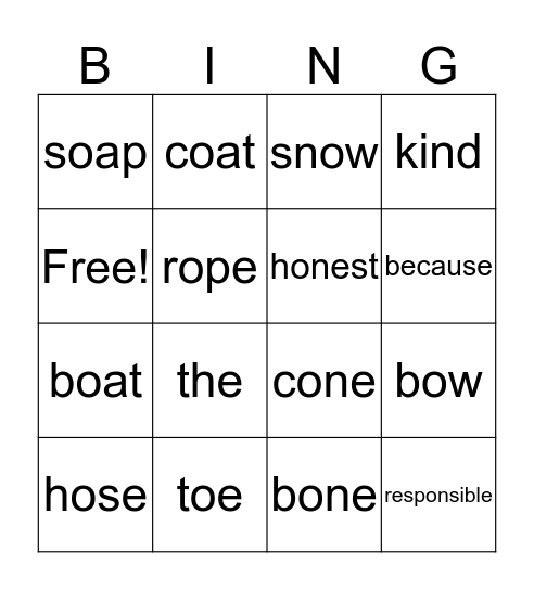 Spelling Bingo Card