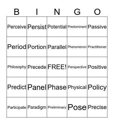 AWL P Words Bingo Card
