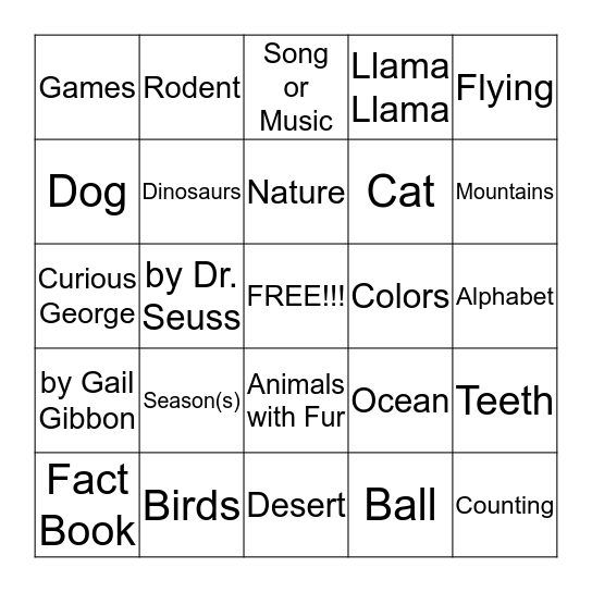 Vance Library's BINGO for Books (0-4) Bingo Card