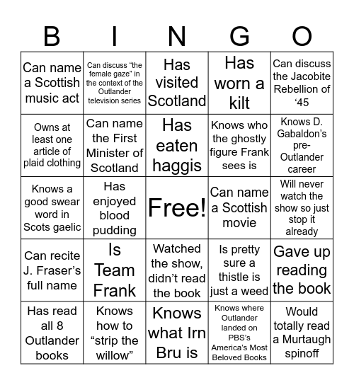 A Bonny Wee Bingo: find someone here who... Bingo Card