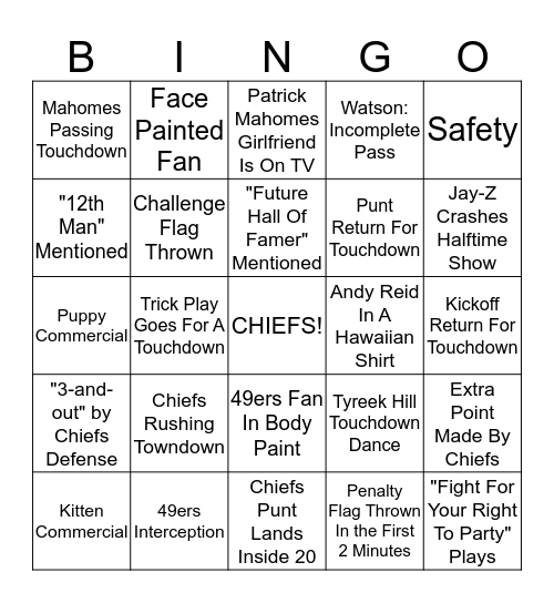 Chiefs v 49ers Super Bowl Bingo Card