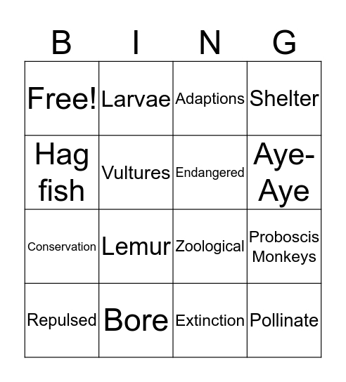 Ugly Animals Vocab Bingo Card