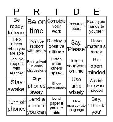 Piqua Pride in the Classroom Bingo Card