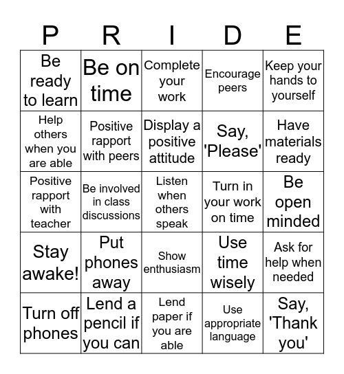 Piqua Pride in the Classroom Bingo Card
