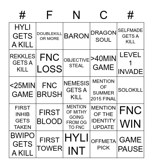 FNC Bingo Card