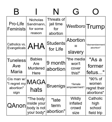 March For Life Bingo Card