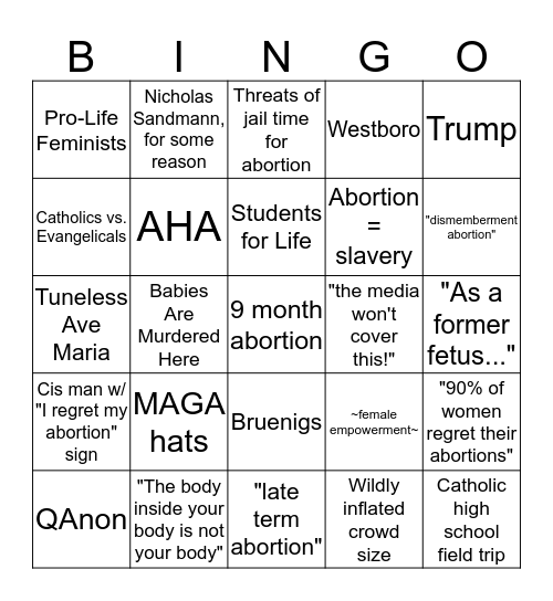 March For Life Bingo Card