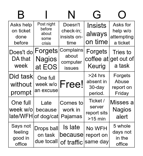 SV Excuses Bingo Card