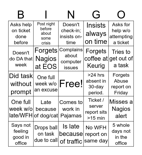 SV Excuses Bingo Card