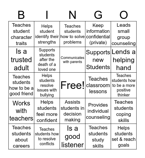 All about School Counselors Bingo Card