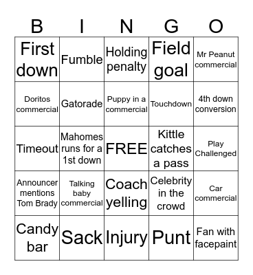 Super Bowl Bingo!! Bingo Card