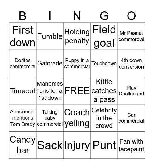 Super Bowl Bingo!! Bingo Card