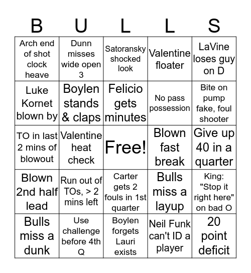 Bulls Basketball Bingo Card