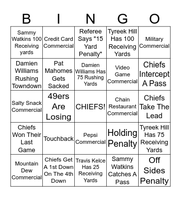 Chiefs v 49ers Super Bowl Bingo Card