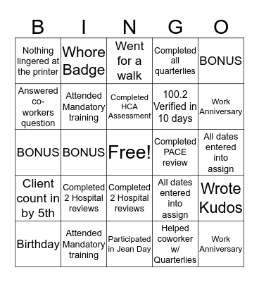 Case Manager Bingo Card