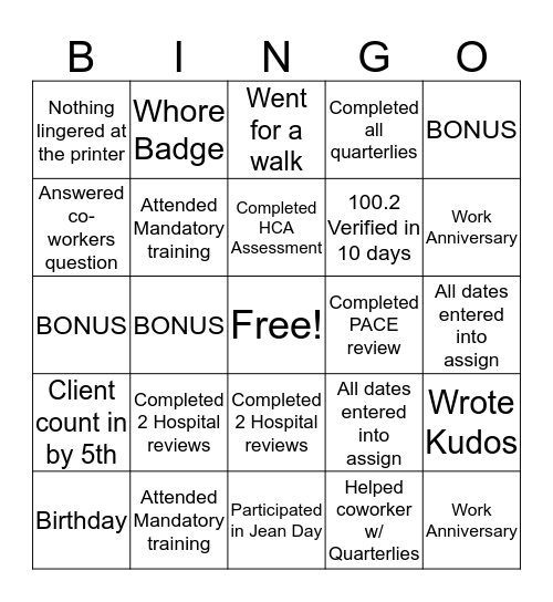 Case Manager Bingo Card