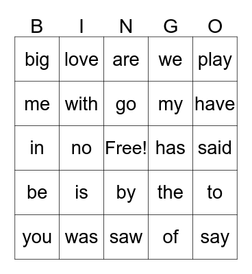 Sight Words Bingo Card