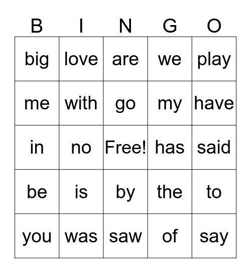 Sight Words Bingo Card